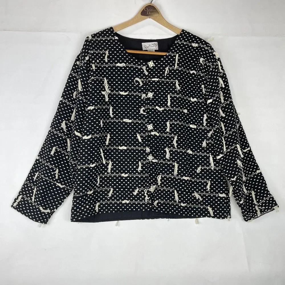 1980s VTG Women’s Jacket size L New Directions Black Textured Abstract Tassel - Picture 3 of 15